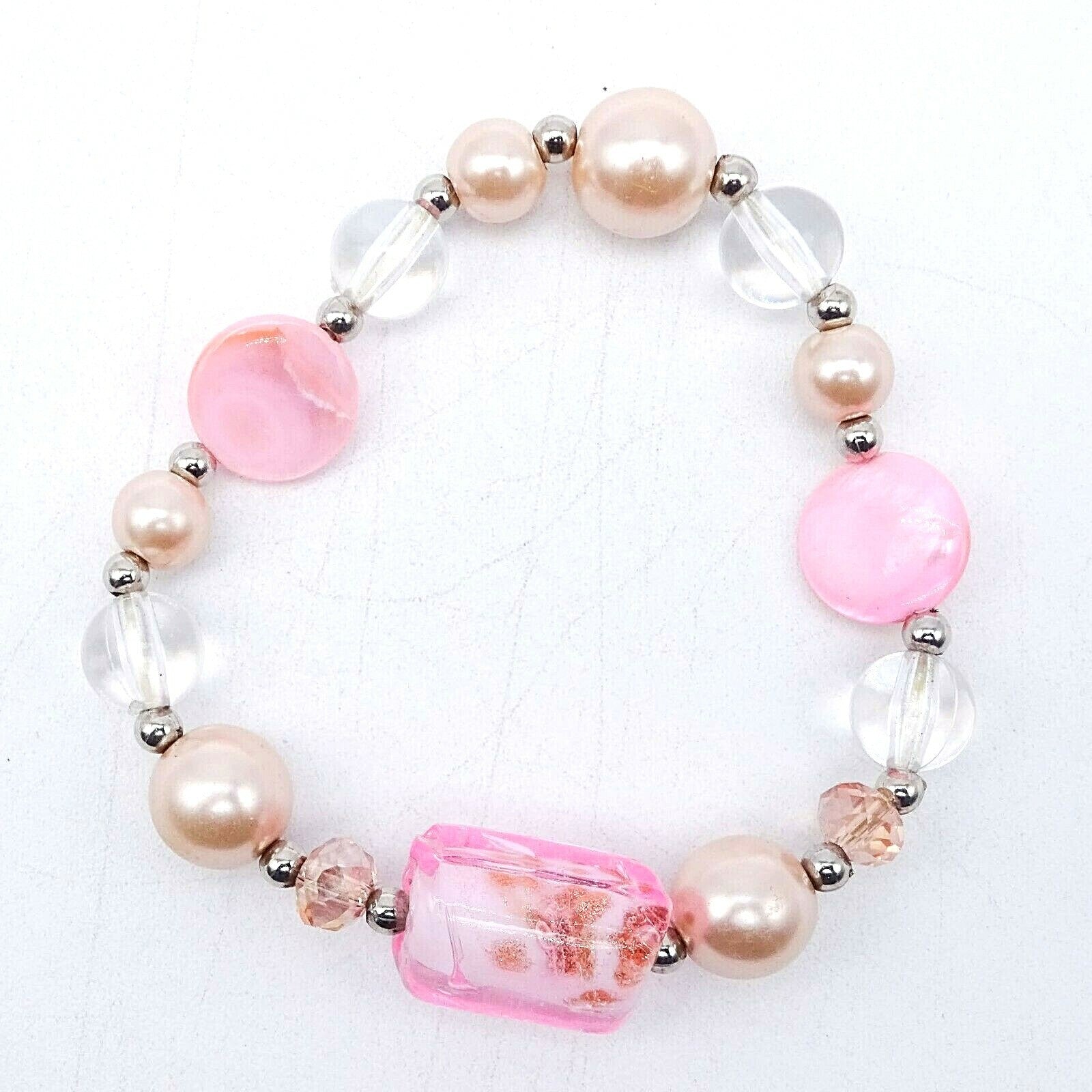 Pink Art Glass Bracelet Shell Faux Pearl Stretch Elastic Silver tone