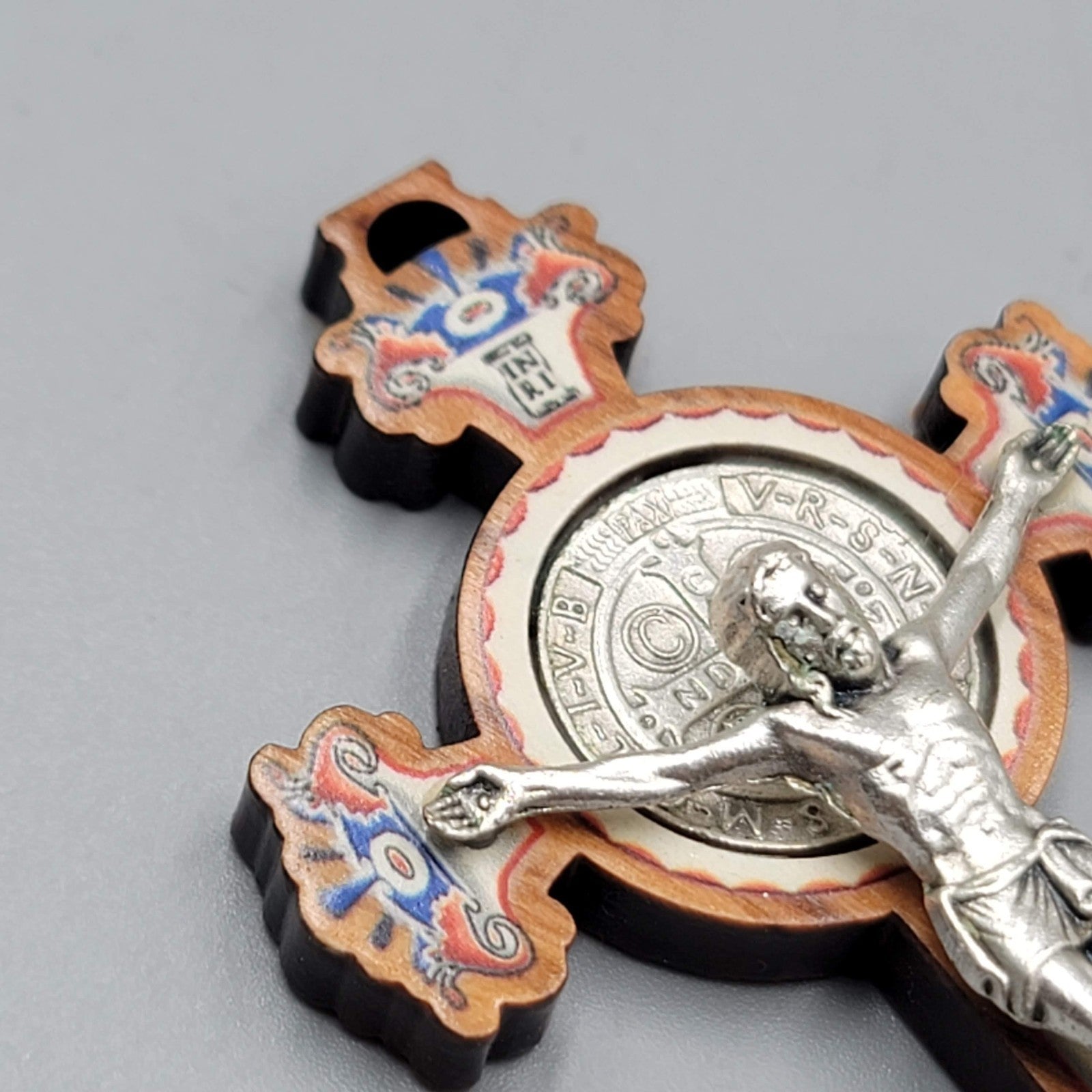 St Benedict Painted Olive Wood Crucifix 3 in Pectoral Cross