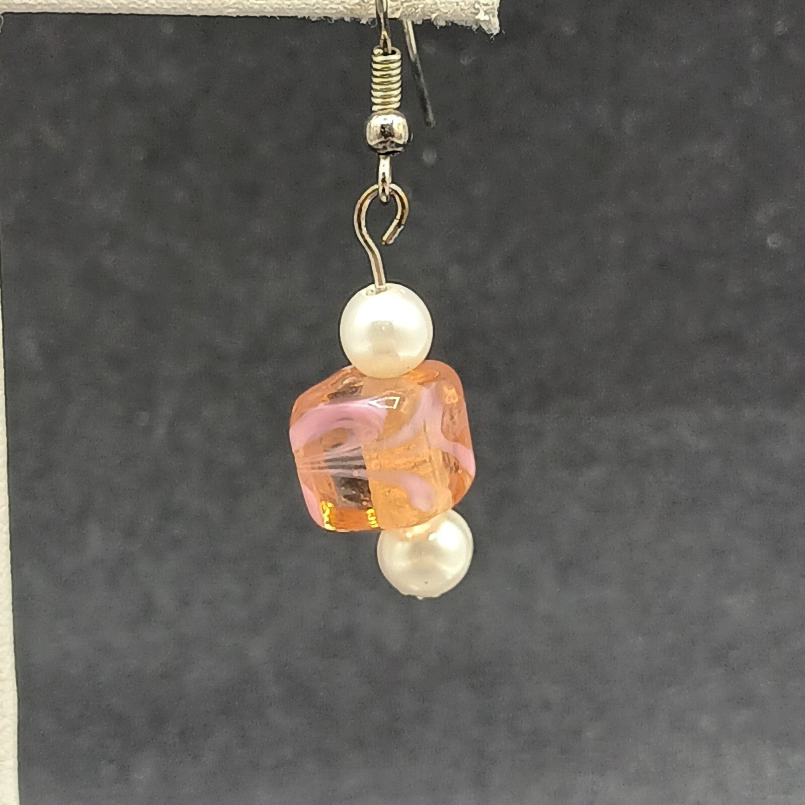 Pierced Earrings Silver tone Pink Art Glass Faux Pearl Asymmetrical Dangle 1"
