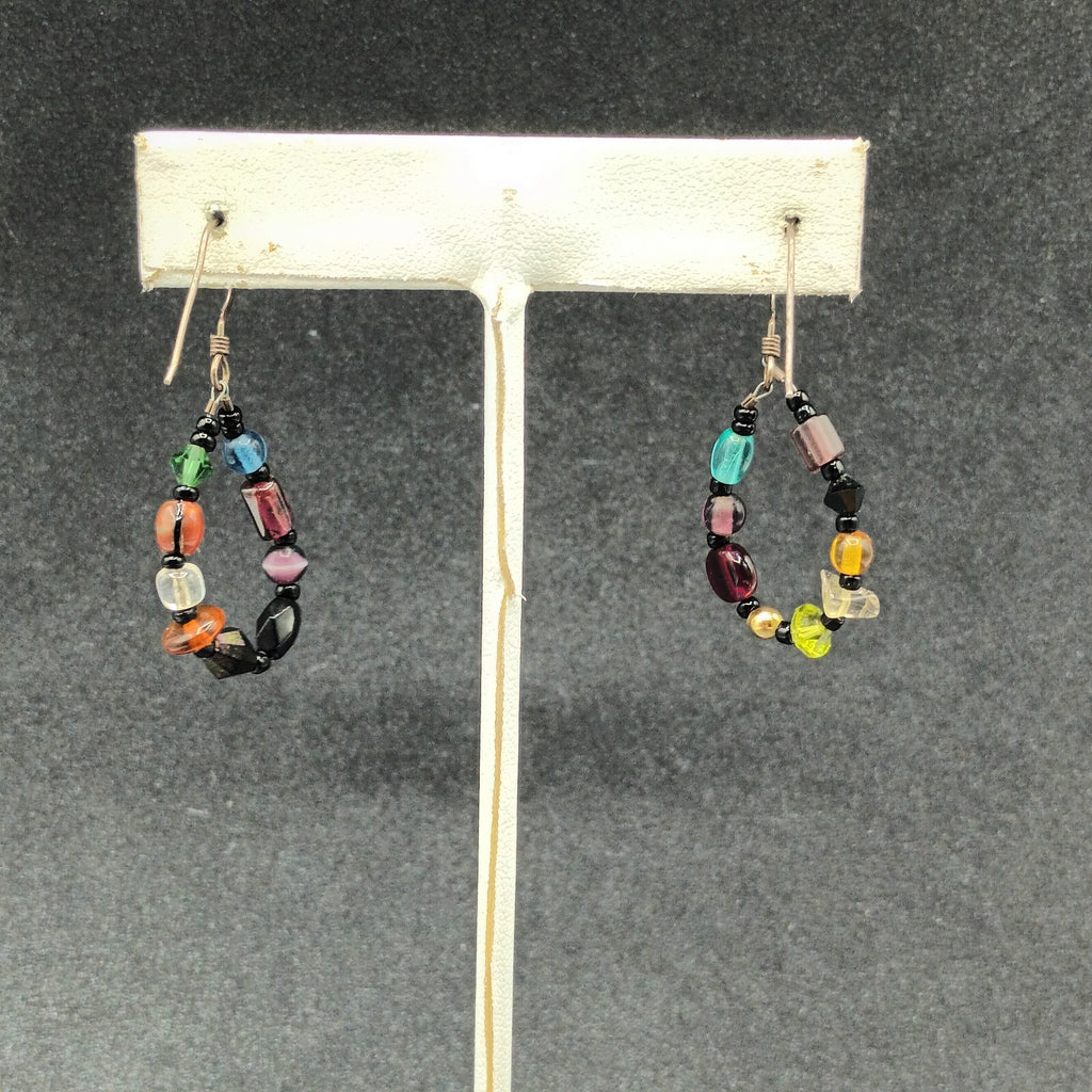 Pierced Earrings Silver tone End of Day Beads Multicolor Loop Dangle 1 1/8"