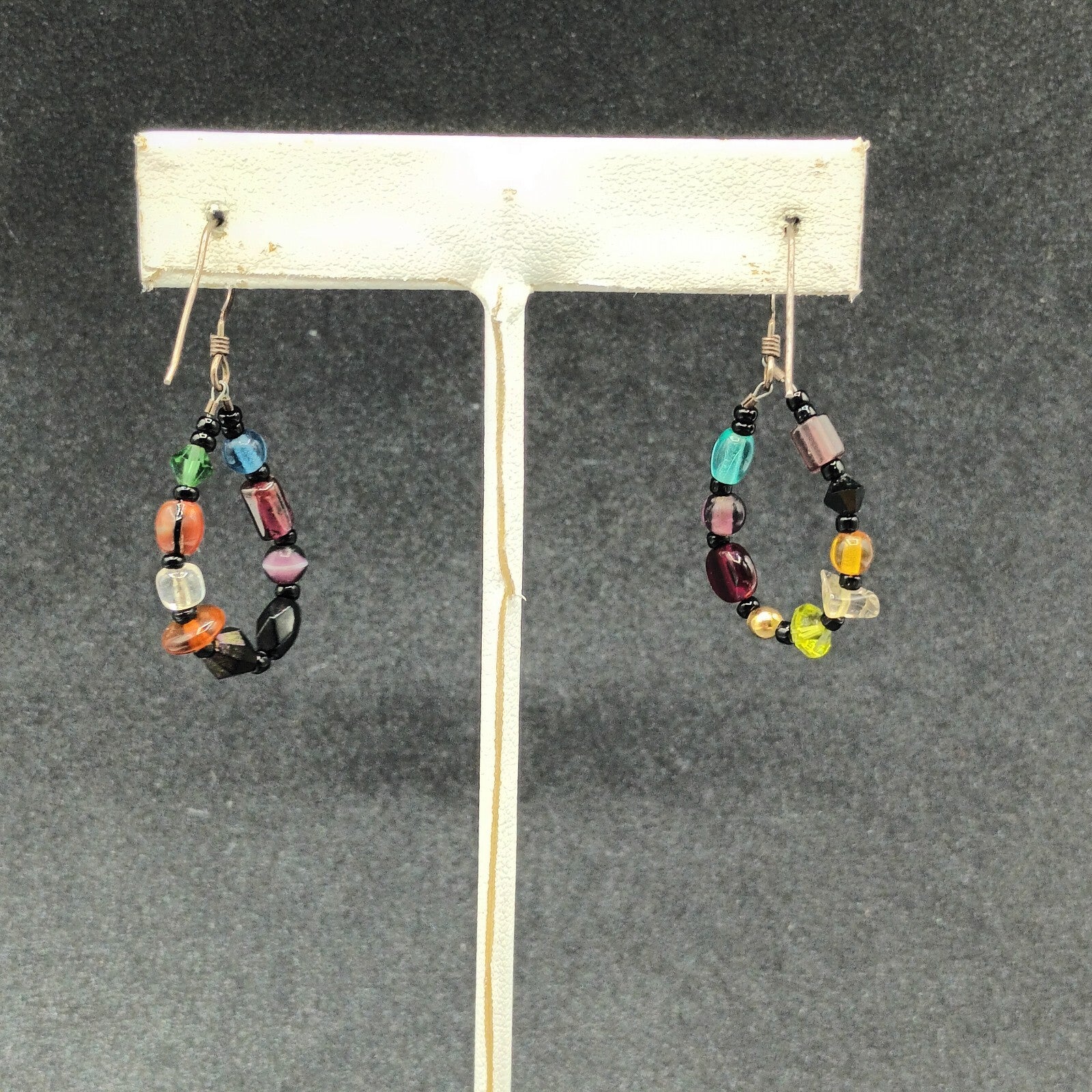 Pierced Earrings Silver tone End of Day Beads Multicolor Loop Dangle 1 1/8"