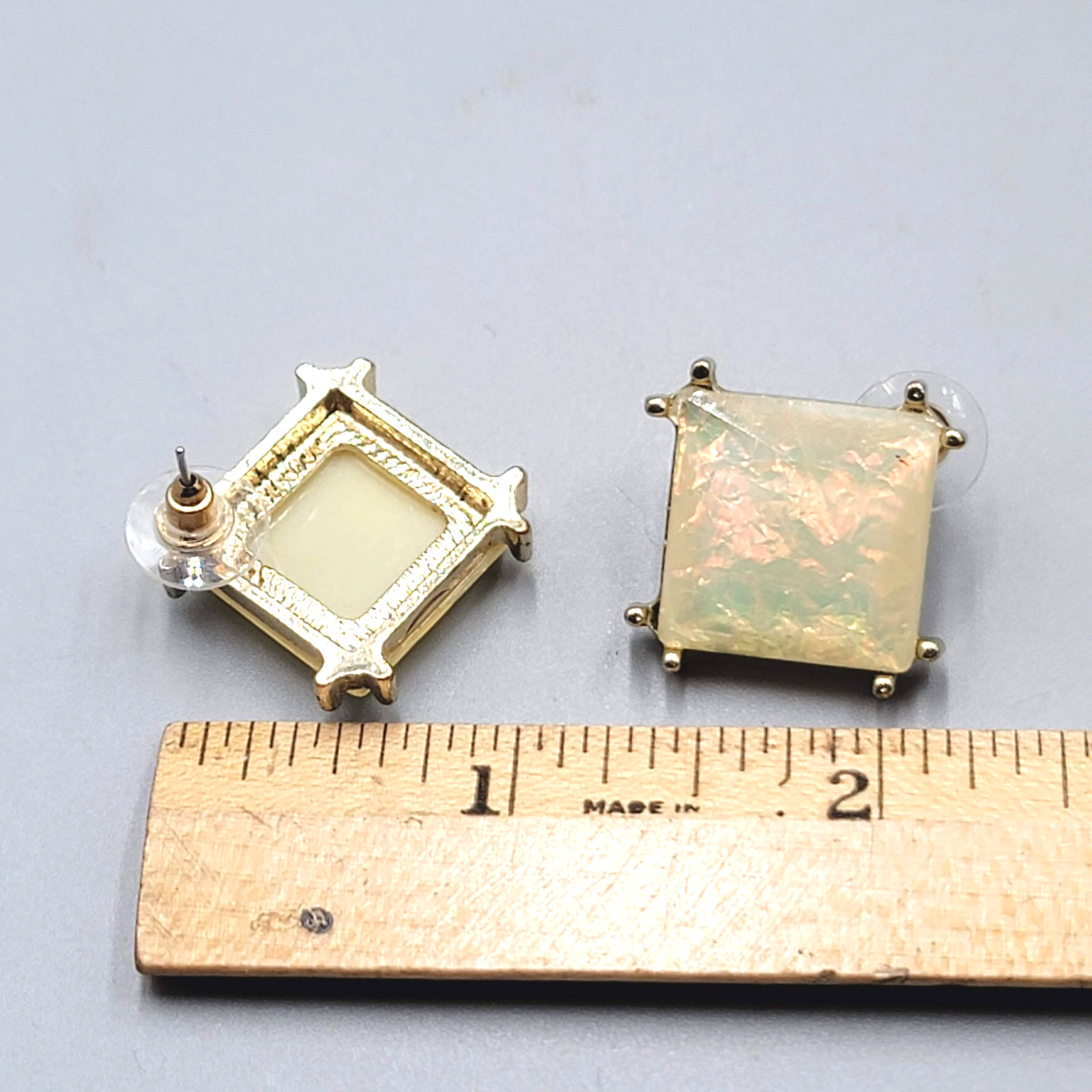 Pierced Earrings Gold tone Drop Iridescent Yellow Statement 1"