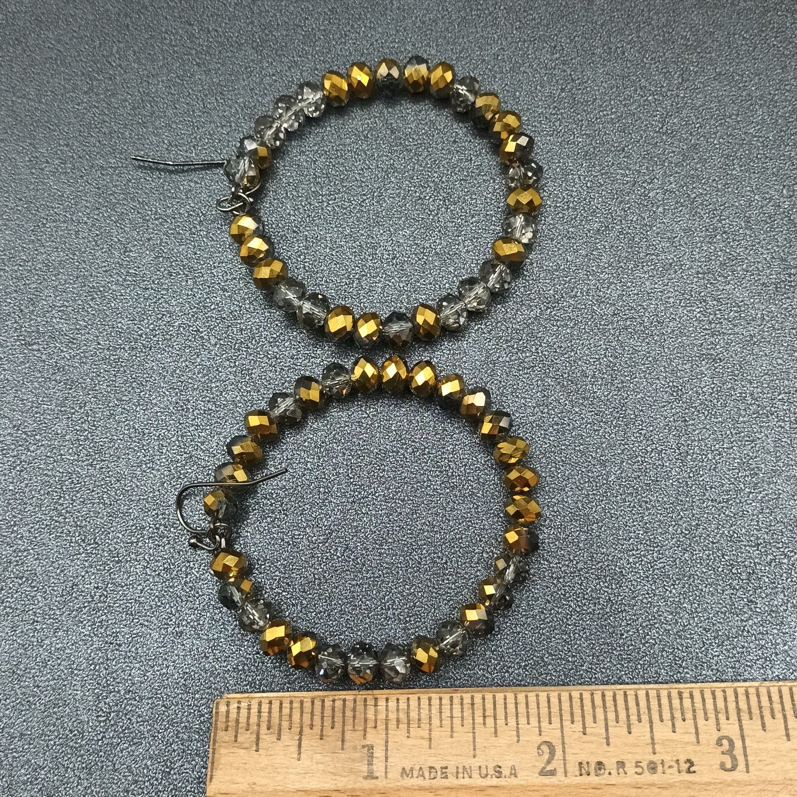 Pierced Earrings Bronze tone Faceted Glass Beaded Hoop Dangle 2"