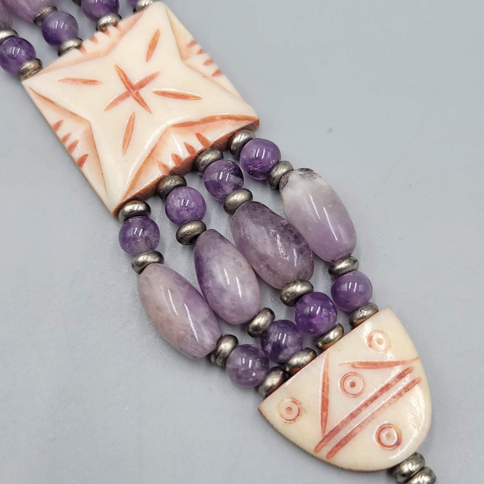 India Bracelet Hand Carved and Purple Amethyst Beads Silver tone 7 in