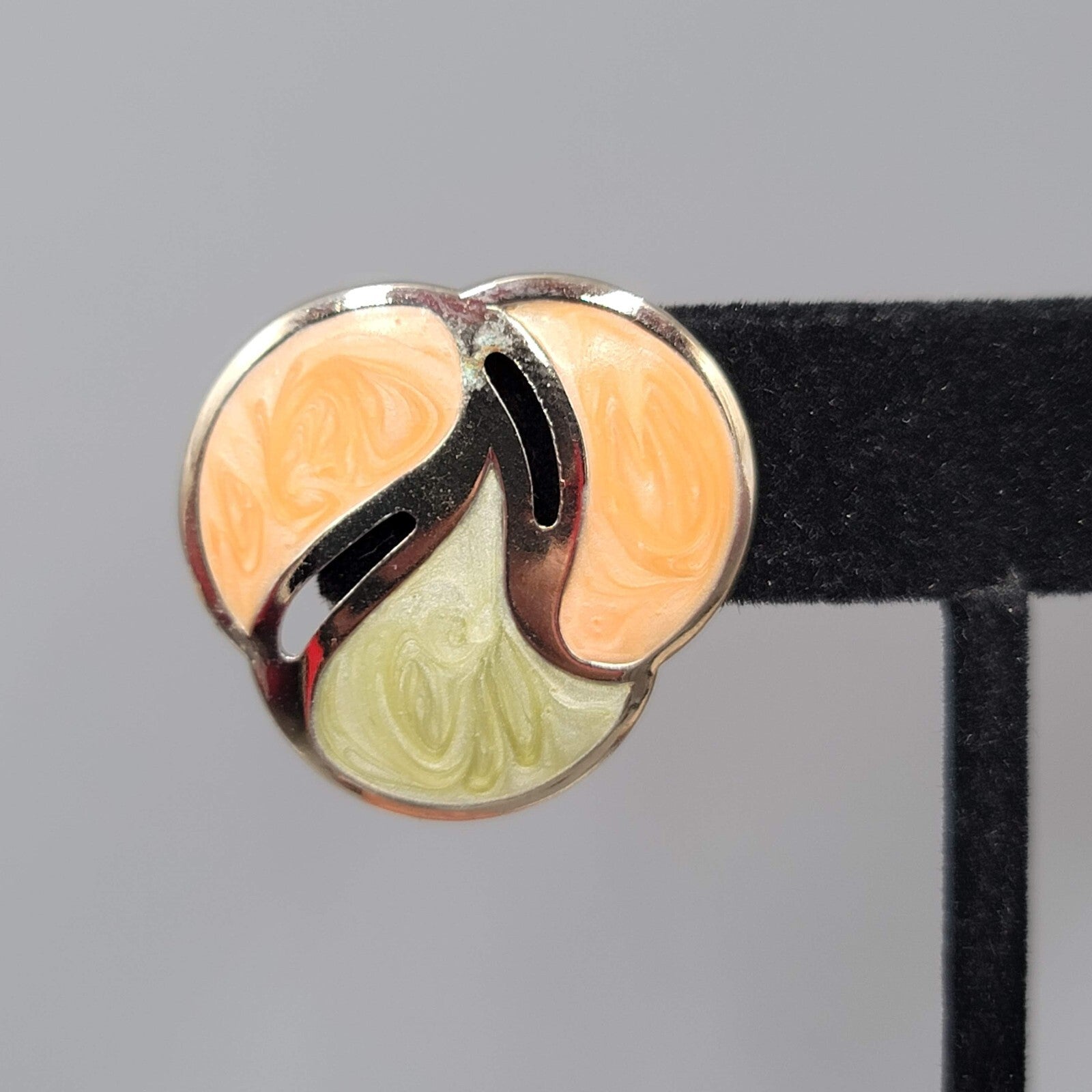 Vintage Pierced Earrings Silver tone Peach Sage Green Enamel Drop 1"