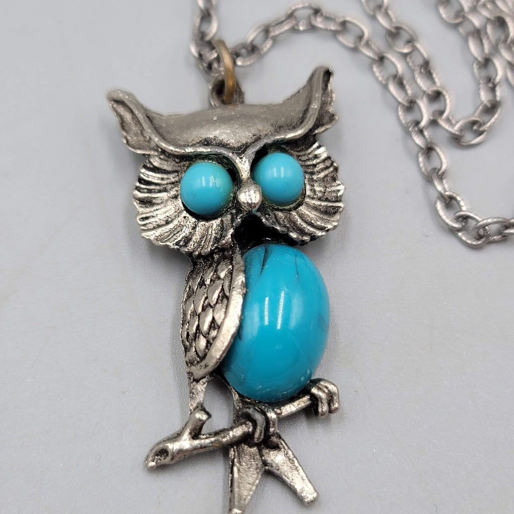 Vintage Owl Pendant Necklace Chain Silver tone Blue Cabochon Accents 24"
