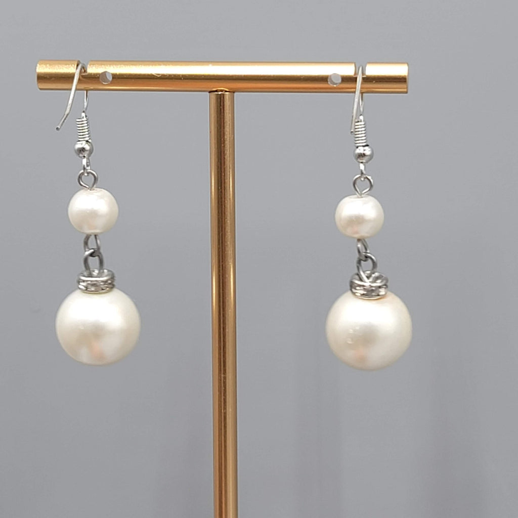 Satin Look White Bead Pierced Earrings Silver tone Dangle 1.25 in