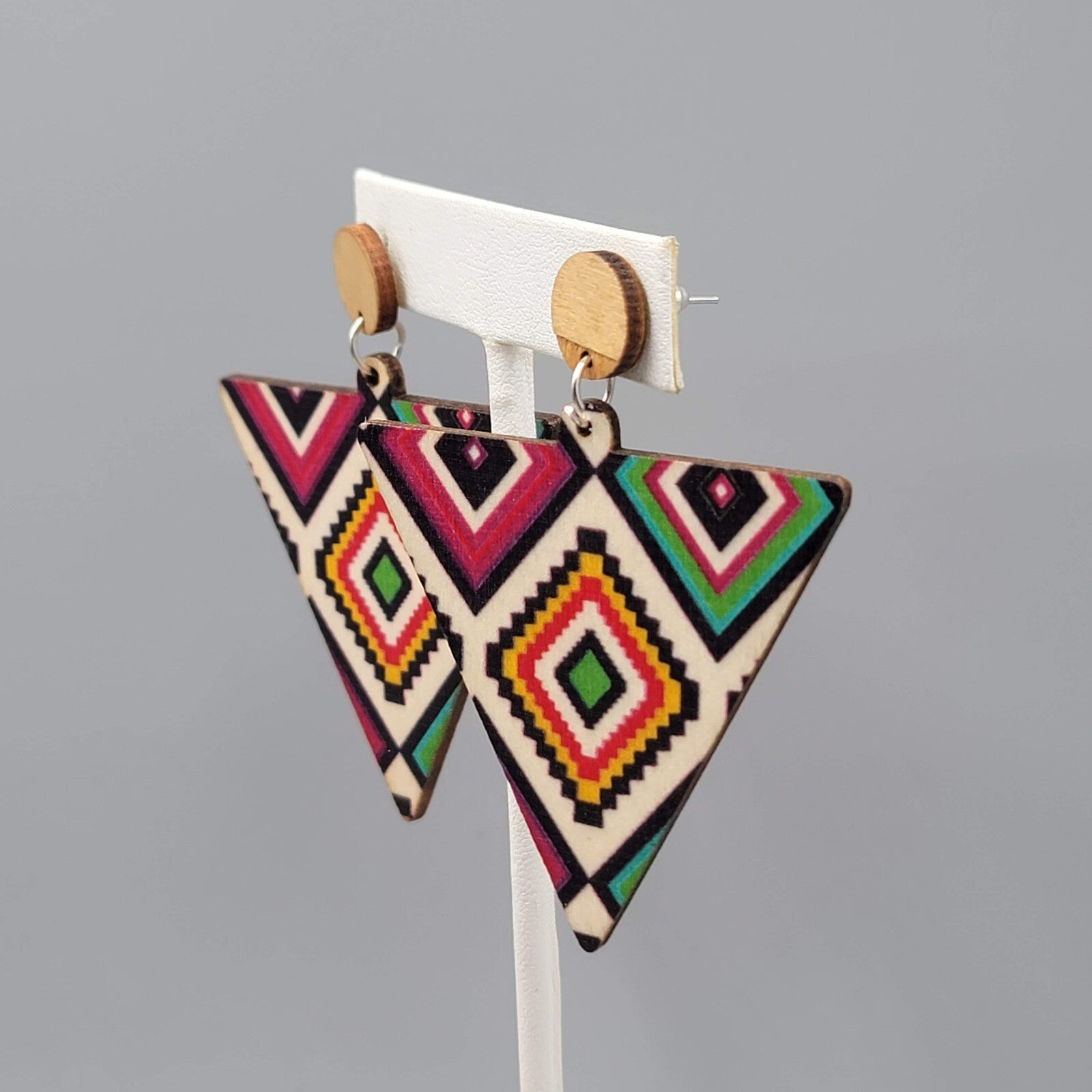 Large Wood Boho Statement Pierced Earrings Multicolor Design Triangle  2.5"