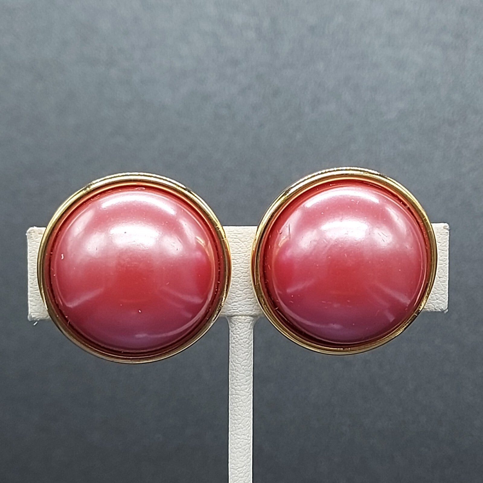 Pierced Earrings Gold tone Hot Pink Domed Studs 1 1/8"