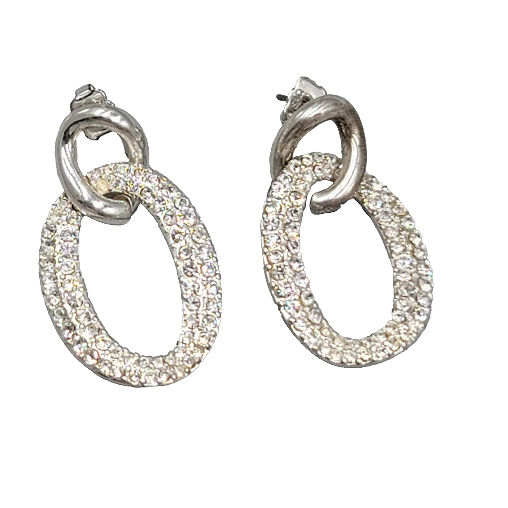 Pierced Earrings Rhinestone Silver tone Dangle Open Work Double Link 1.5"