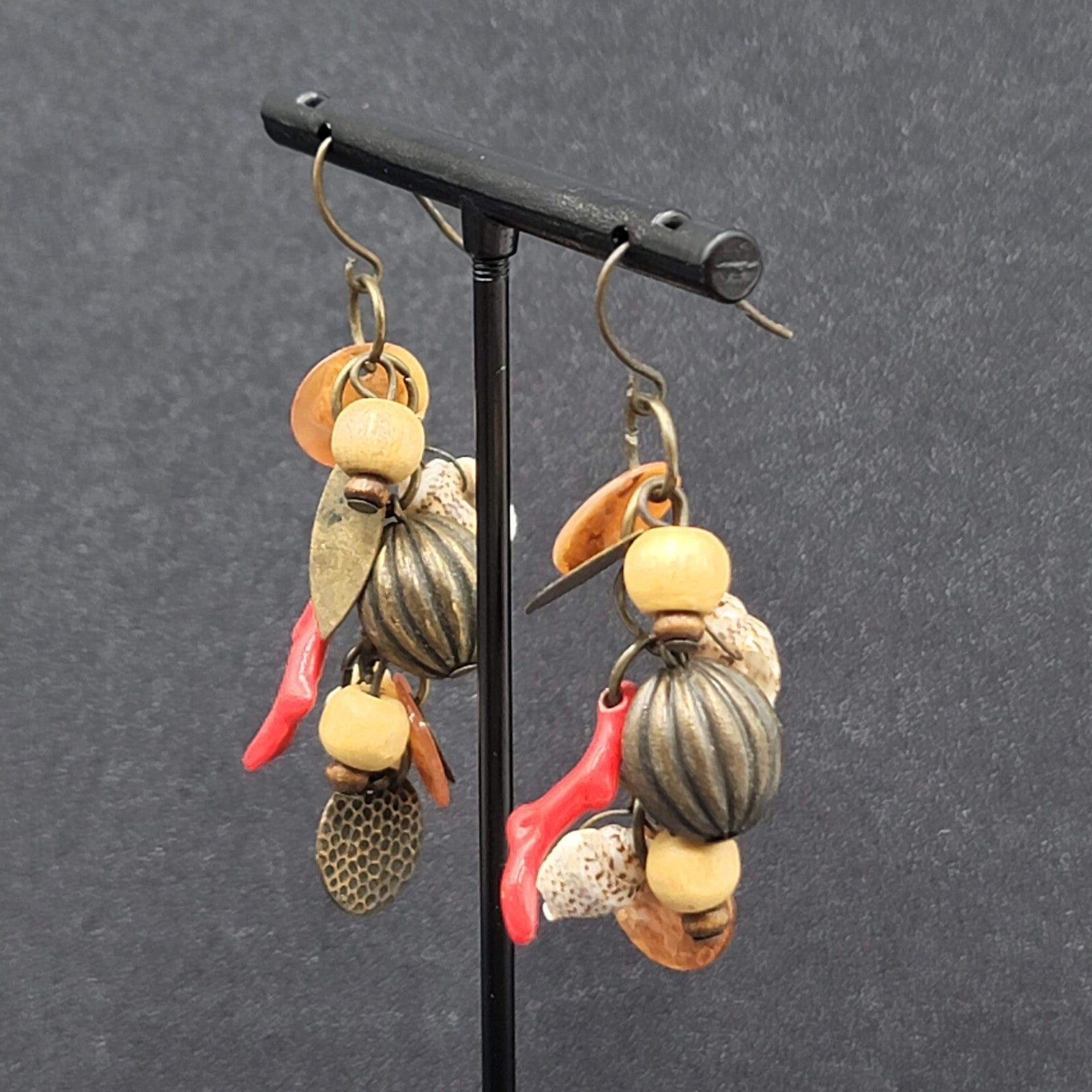Charm Pierced Earrings Bronze tone Seashells Beads 2"
