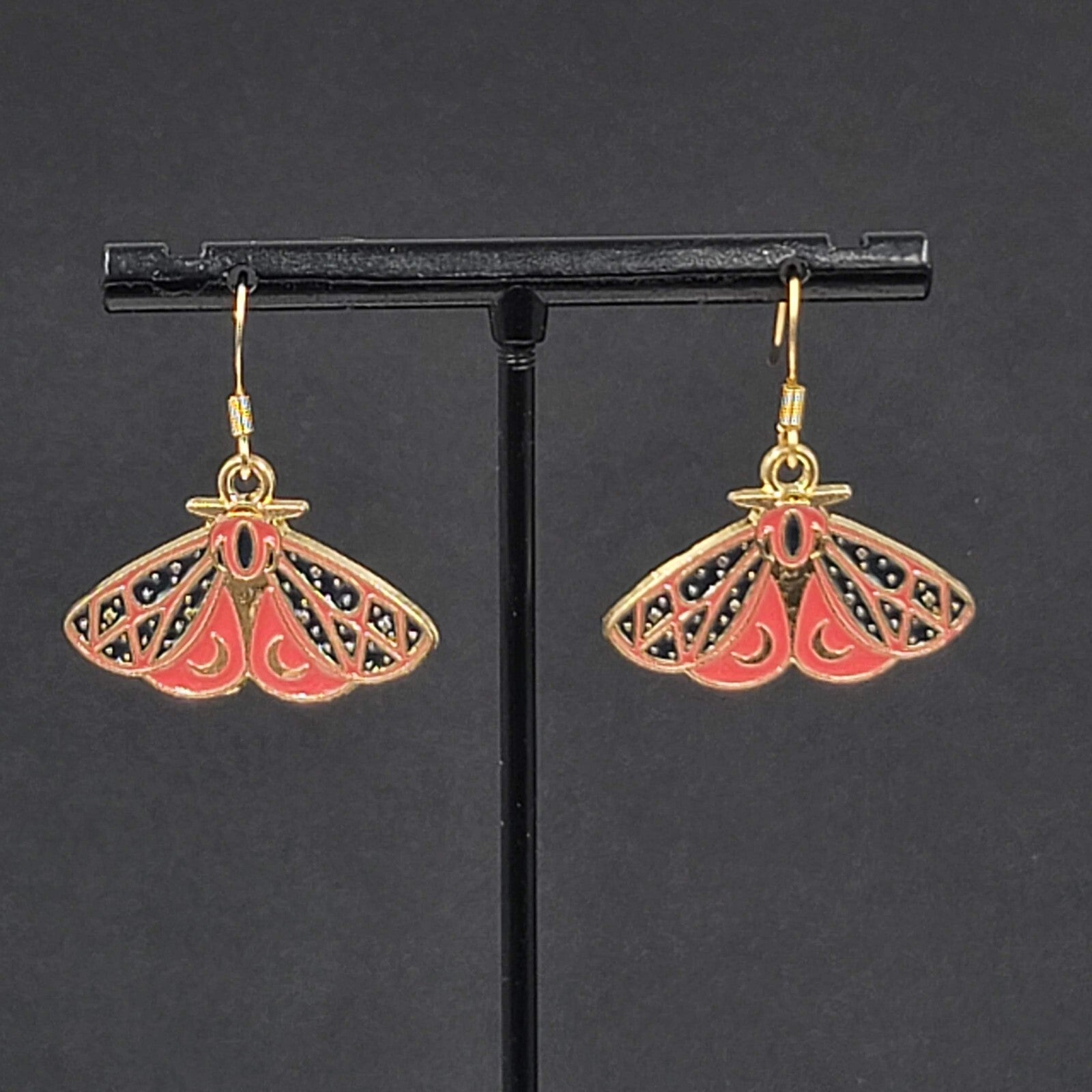 Moth Enamel Pierced Earrings Gold tone Dangle Butterfly