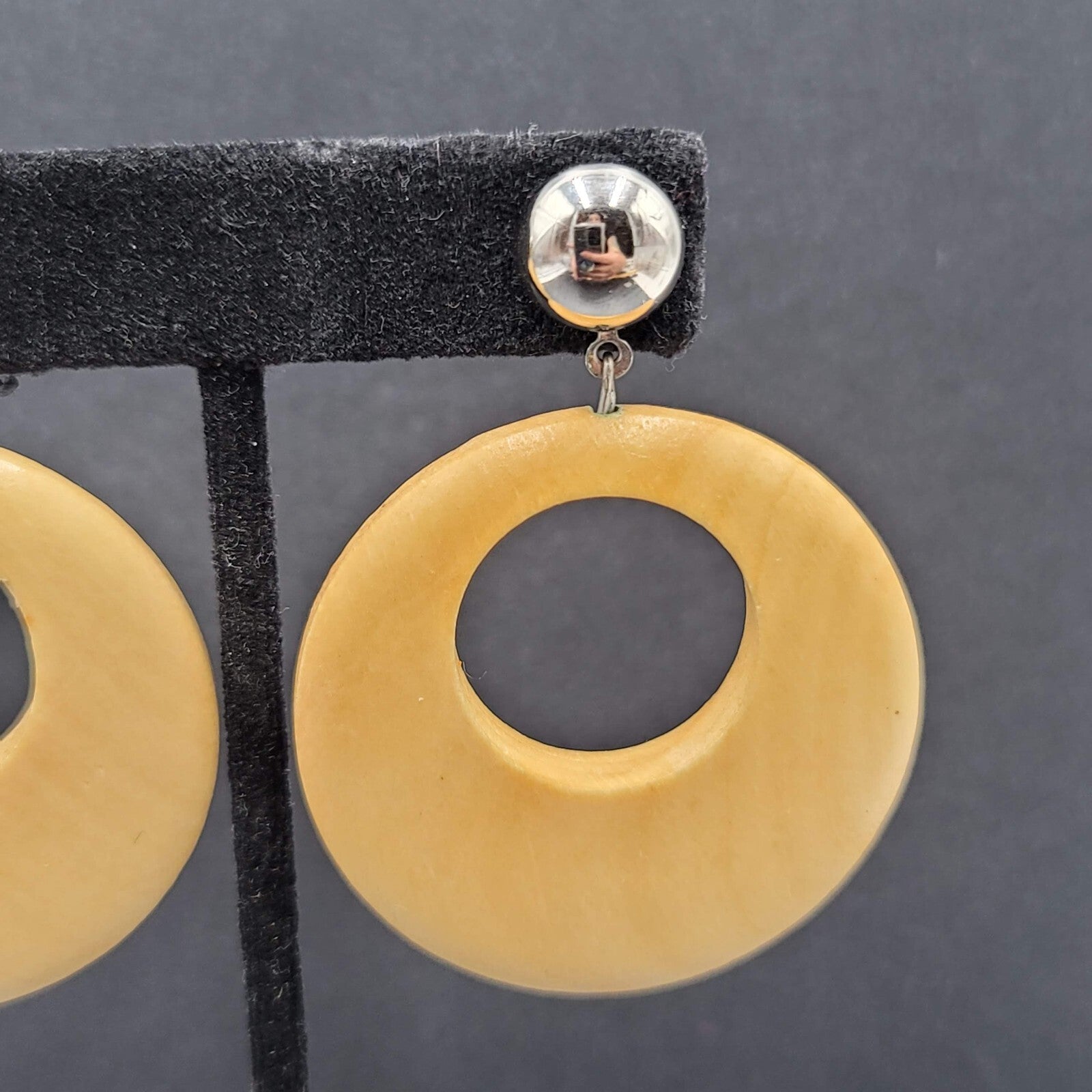 Pierced Earrings Silver tone Open Wood Hoops Dangle 1.75"