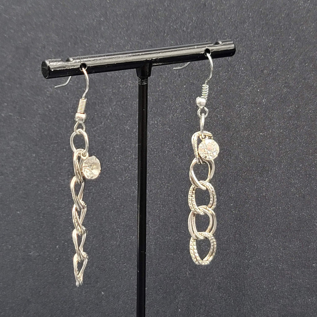 Pierced Earrings Silver tone Rhinestone Dangle Chain 1.75"