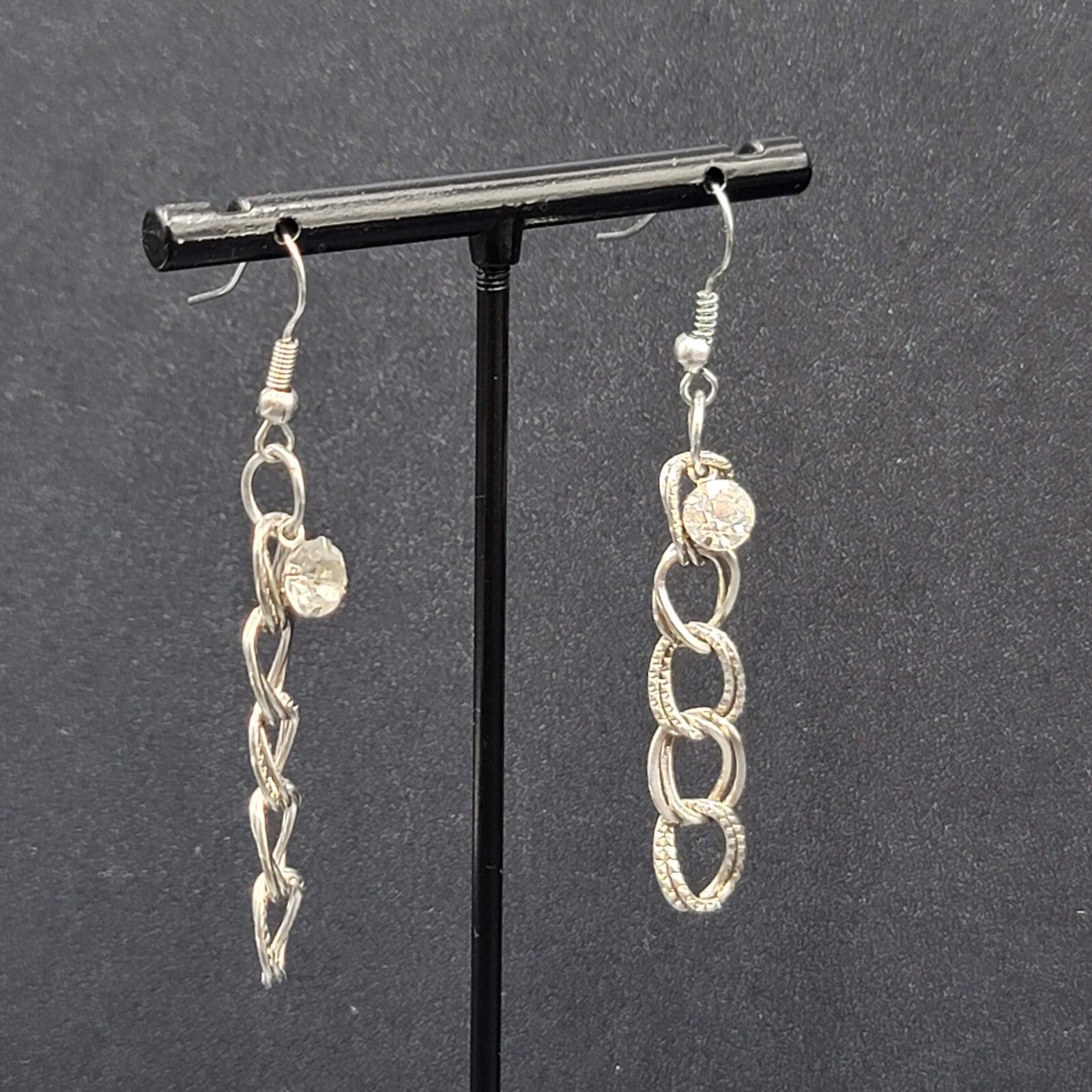 Pierced Earrings Silver tone Rhinestone Dangle Chain 1.75"