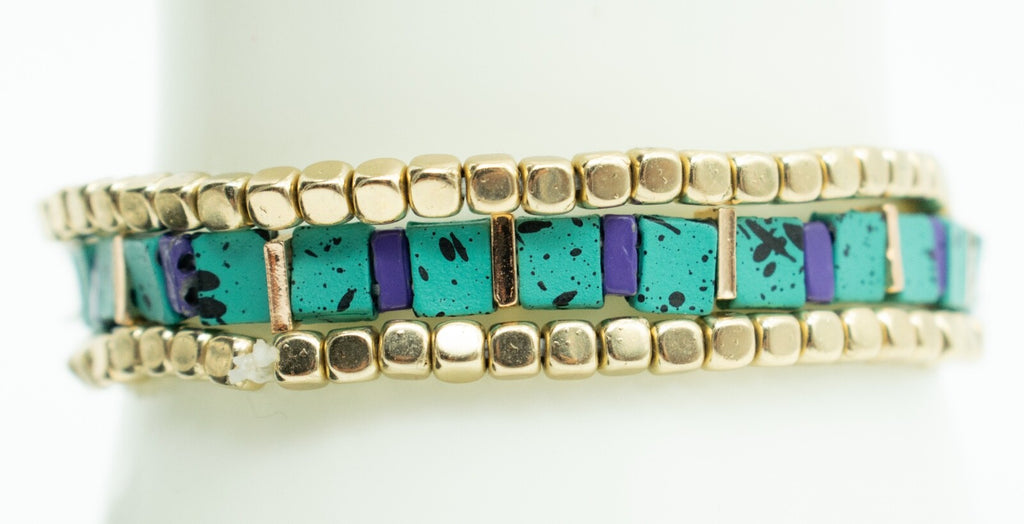 Beaded Elastic Bracelet Lot of 7 Silver tone Layered Gold tone Blue Beads NWT