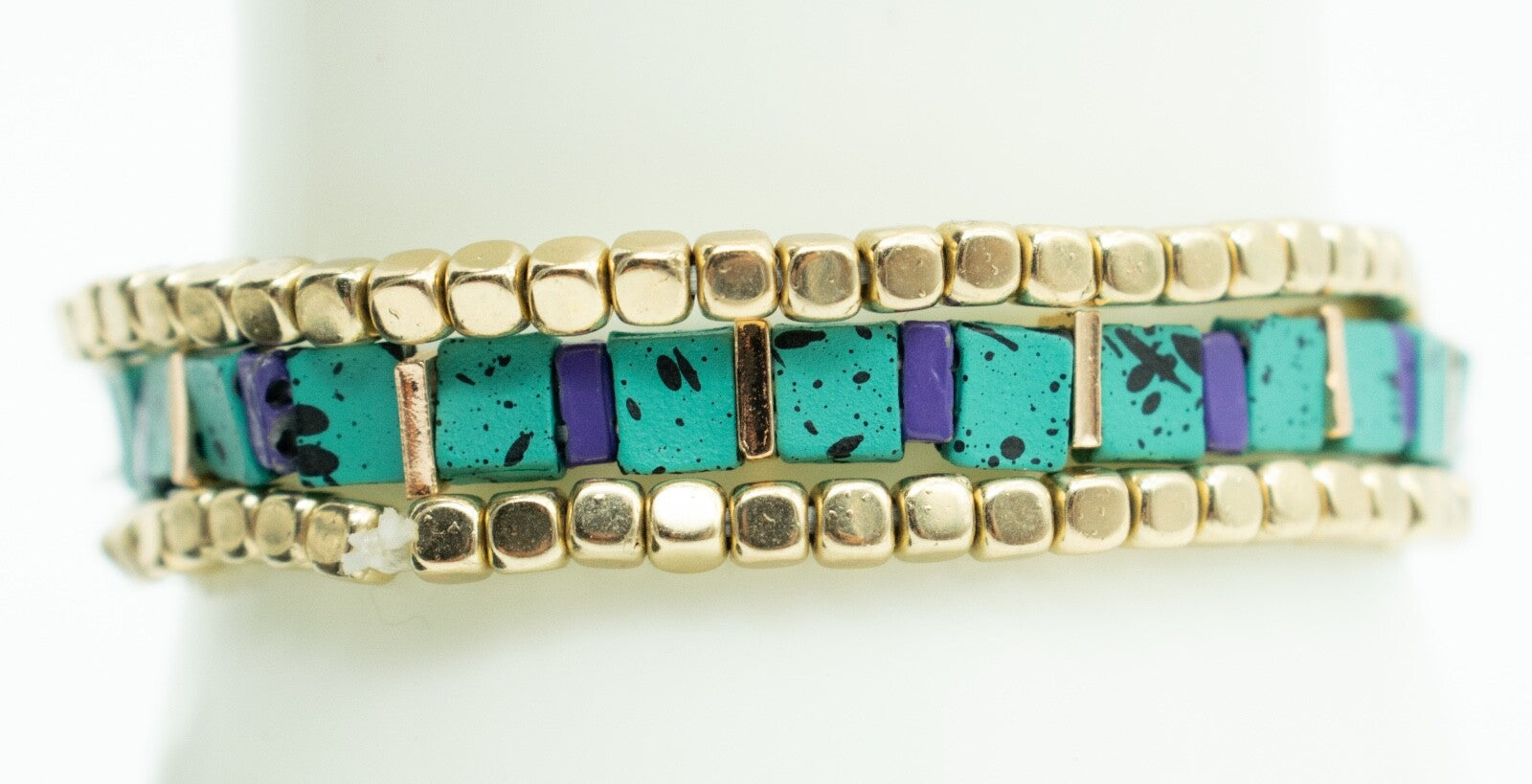 Beaded Elastic Bracelet Lot of 7 Silver tone Layered Gold tone Blue Beads NWT