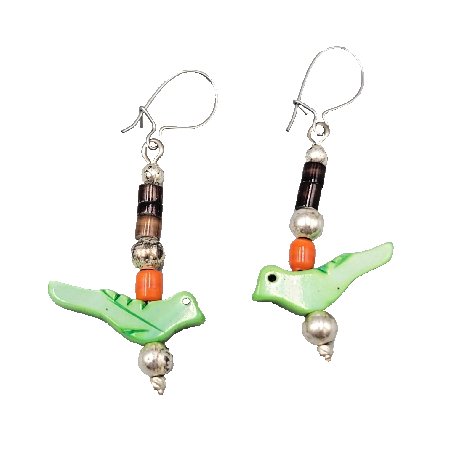 Vintage Green Bird Mother of Pearl Pierced Earrings Coral Coconut Bead 1.25 in