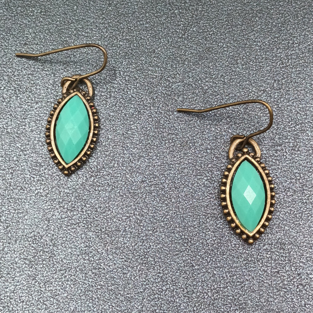 Pierced Earrings Antiqued Gold tone Faceted Faux Turquoise Acrylic Dangle 3/4"