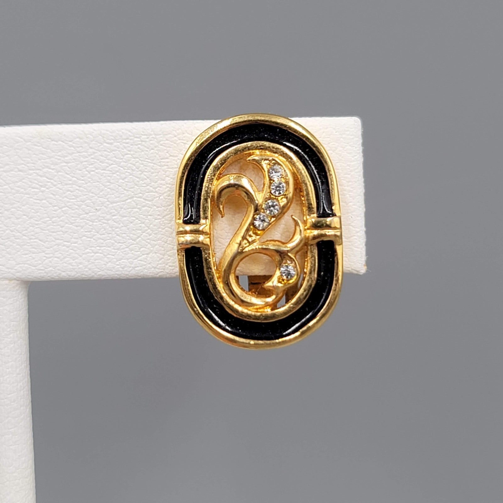 Vintage Clip on Earrings Gold tone Oval Black Enamel Open Work Rhinestones 3/4"