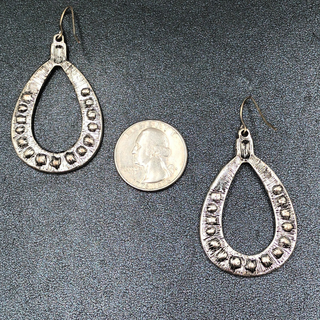 Pierced Earrings Textured Silver tone Open Teardrop Statement Dangle 1 7/8"