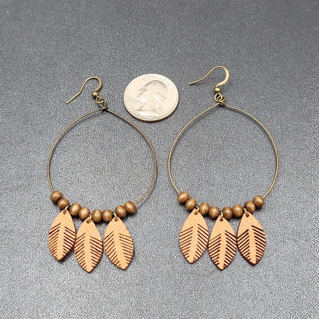 New Boho Pierced Earrings Bronze tone Faux Leather Leaves Wood Bead Hoops 3.25"