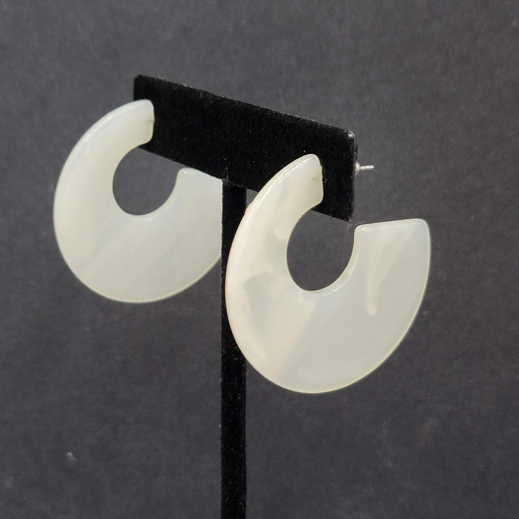 Pierced Earrings White Resin Wide Hoops Statement 1.5"