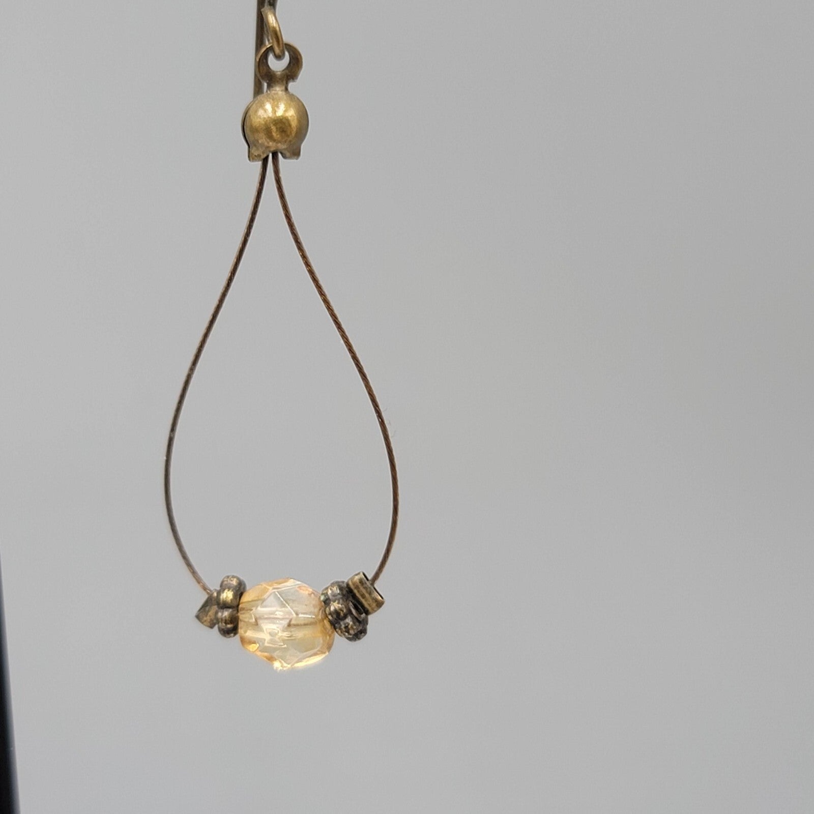 Pierced Earrings Bronze tone Teardrop Wire Yellow Glass Bead Dangle 1.5"