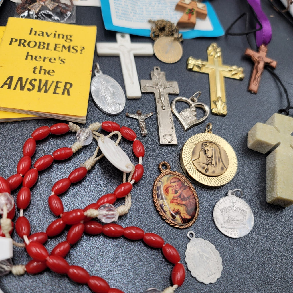 Vintage Religious Booklets Large Lot Rosaries Medals Bracelets etc