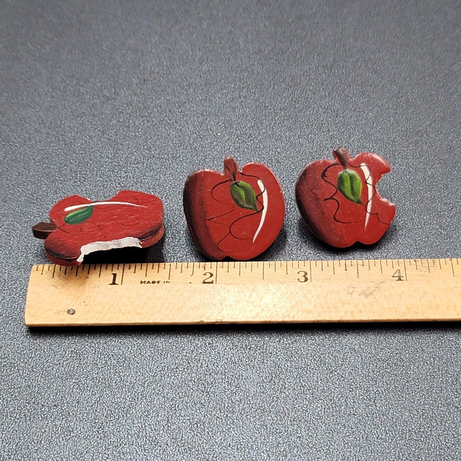 Vintage Brooch Pierced Earrings Set Wood Hand Painted Apple Teacher Gift