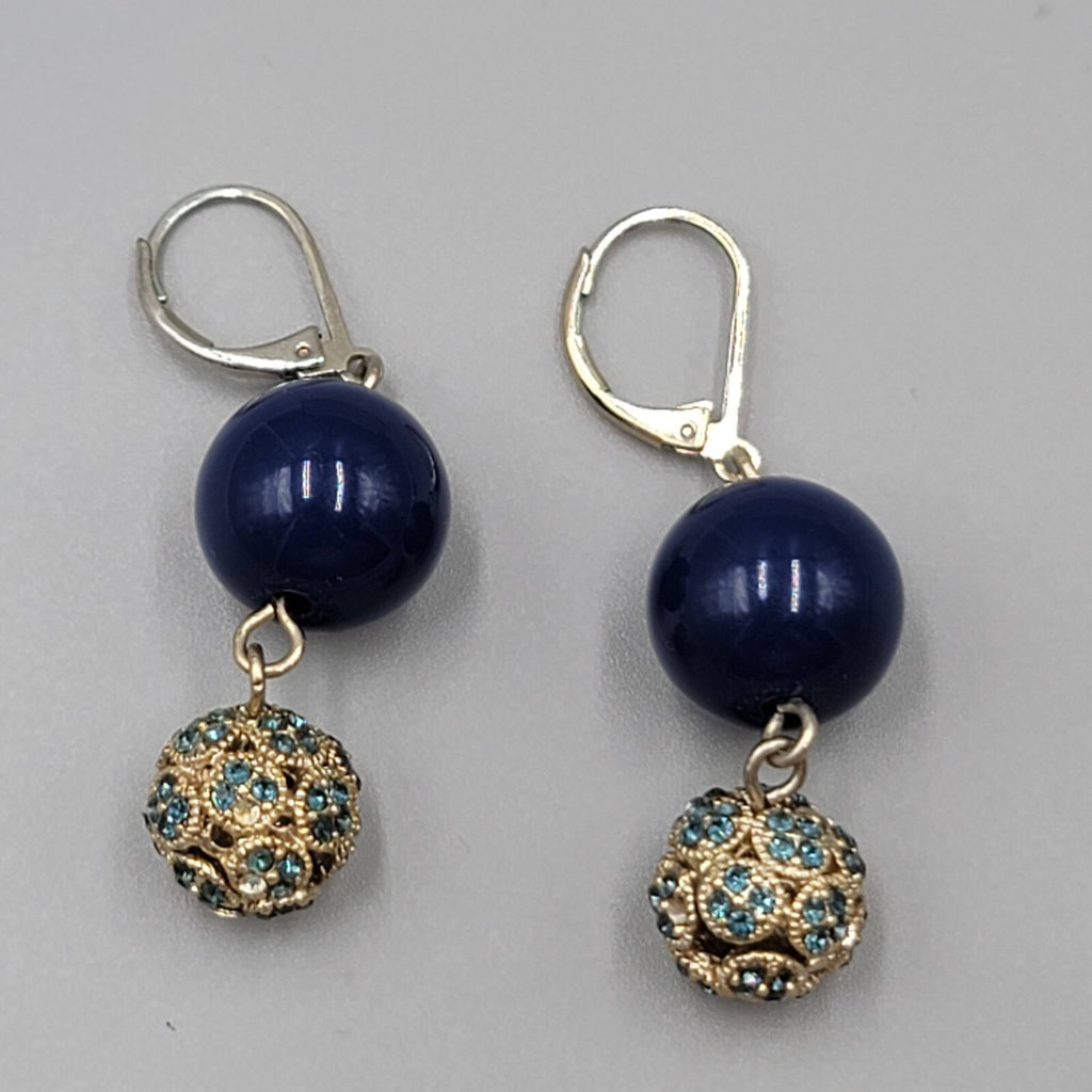 Blue Rhinestone Bead Pierced Earrings Dangle 1 3/8"