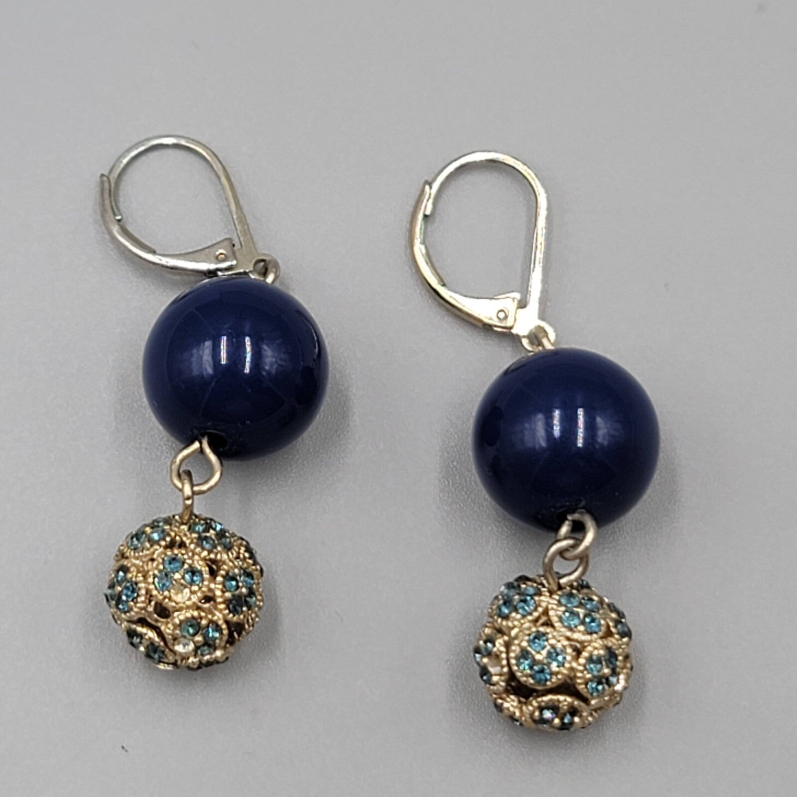 Blue Rhinestone Bead Pierced Earrings Dangle 1 3/8"