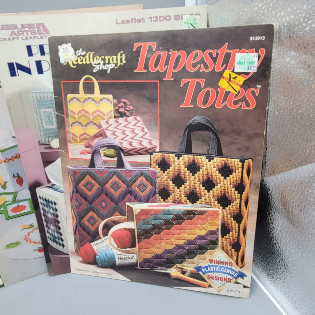 Vintage Plastic Canvas Pattern Book Lot Tissue Box Kitchen Basket Tote 80s Craft