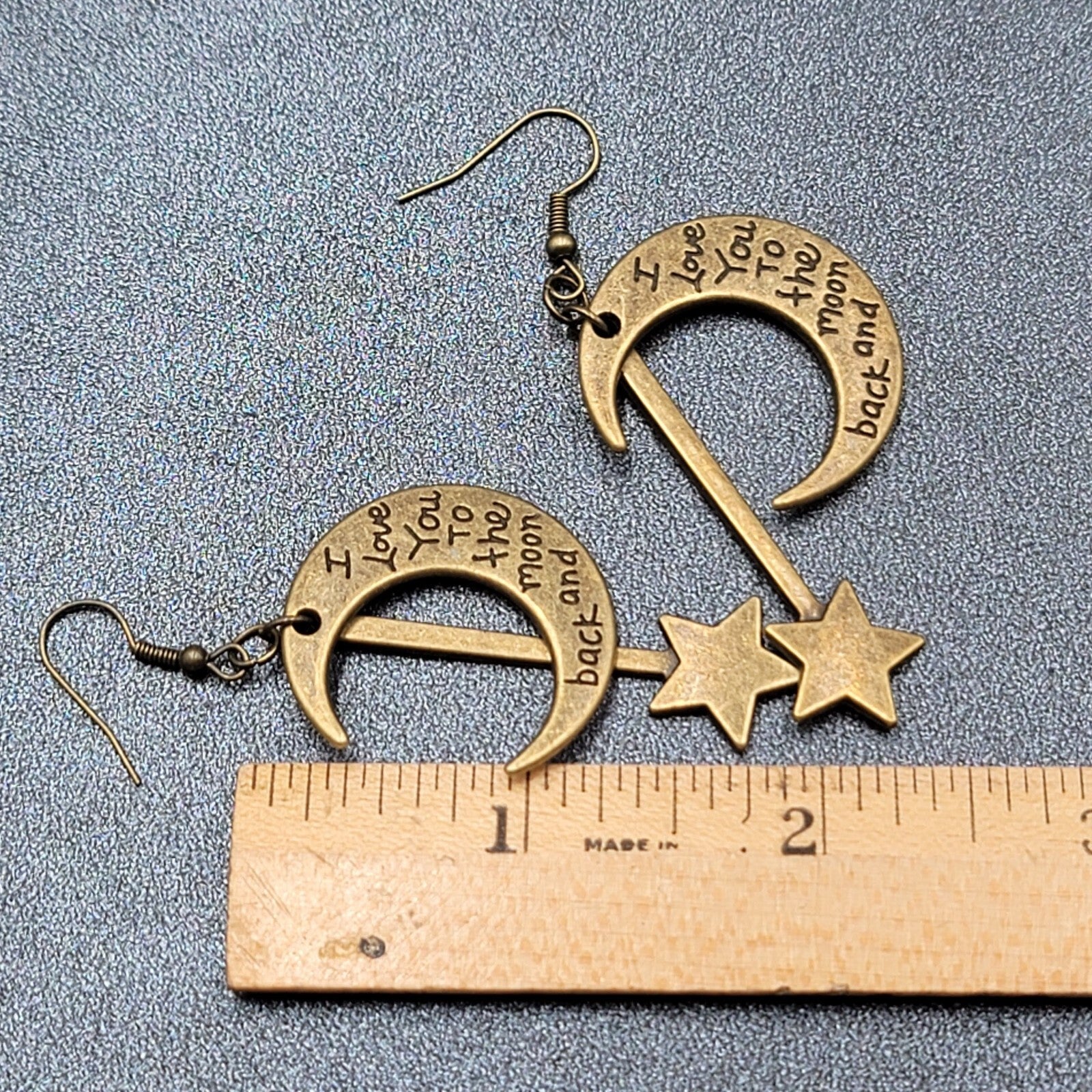 Pierced Earrings Bronze tone I Love You to the Moon and Back Metal Dangle 2"