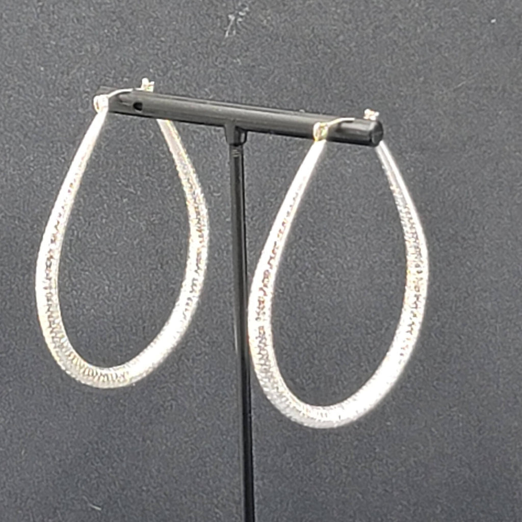 Pierced Earrings Silver tone Large Textured Hoops Teardrop Dangle 2.25"