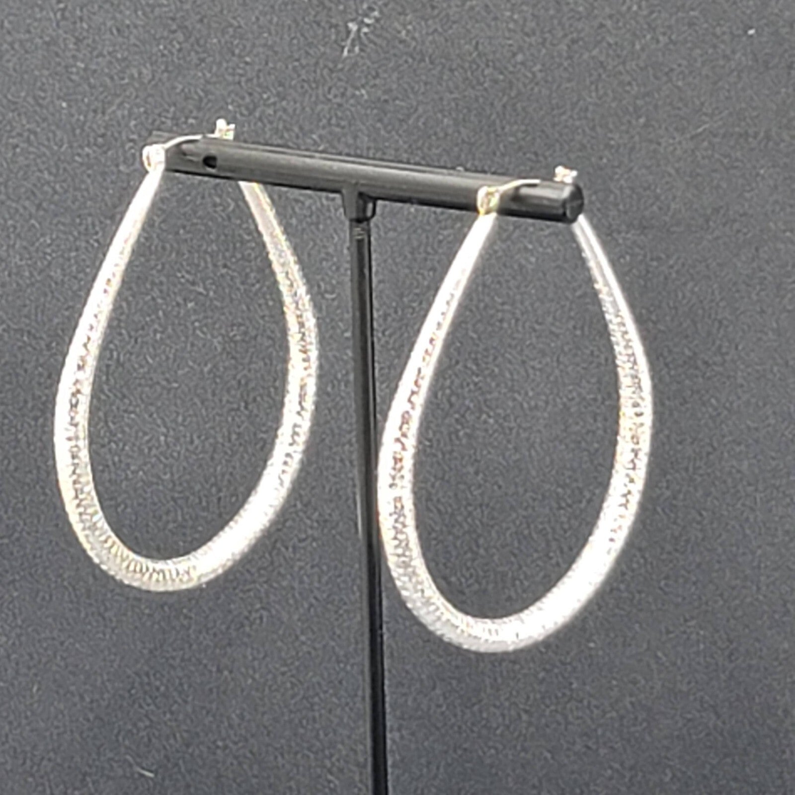 Pierced Earrings Silver tone Large Textured Hoops Teardrop Dangle 2.25"