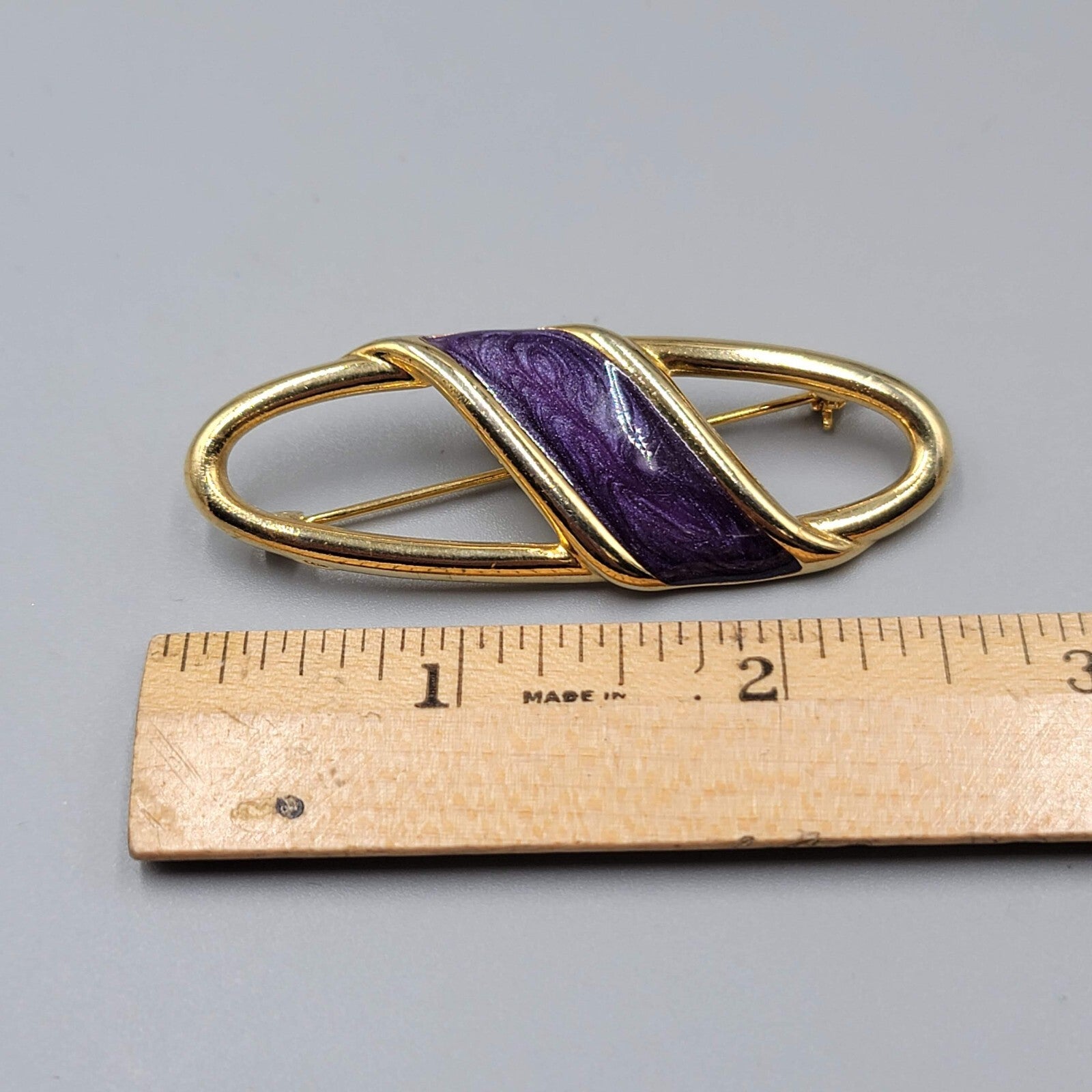 Vintage Purple Enamel Gold-Tone Brooch Open Oval Design 2.5"