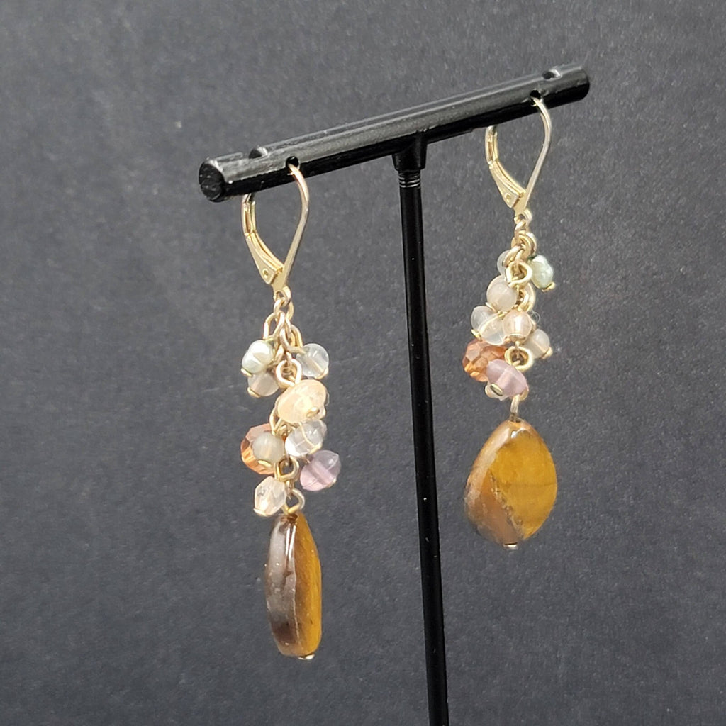 Pierced Earrings Silver tone Glass Bead Tigers Eye Teardrop 1.75"