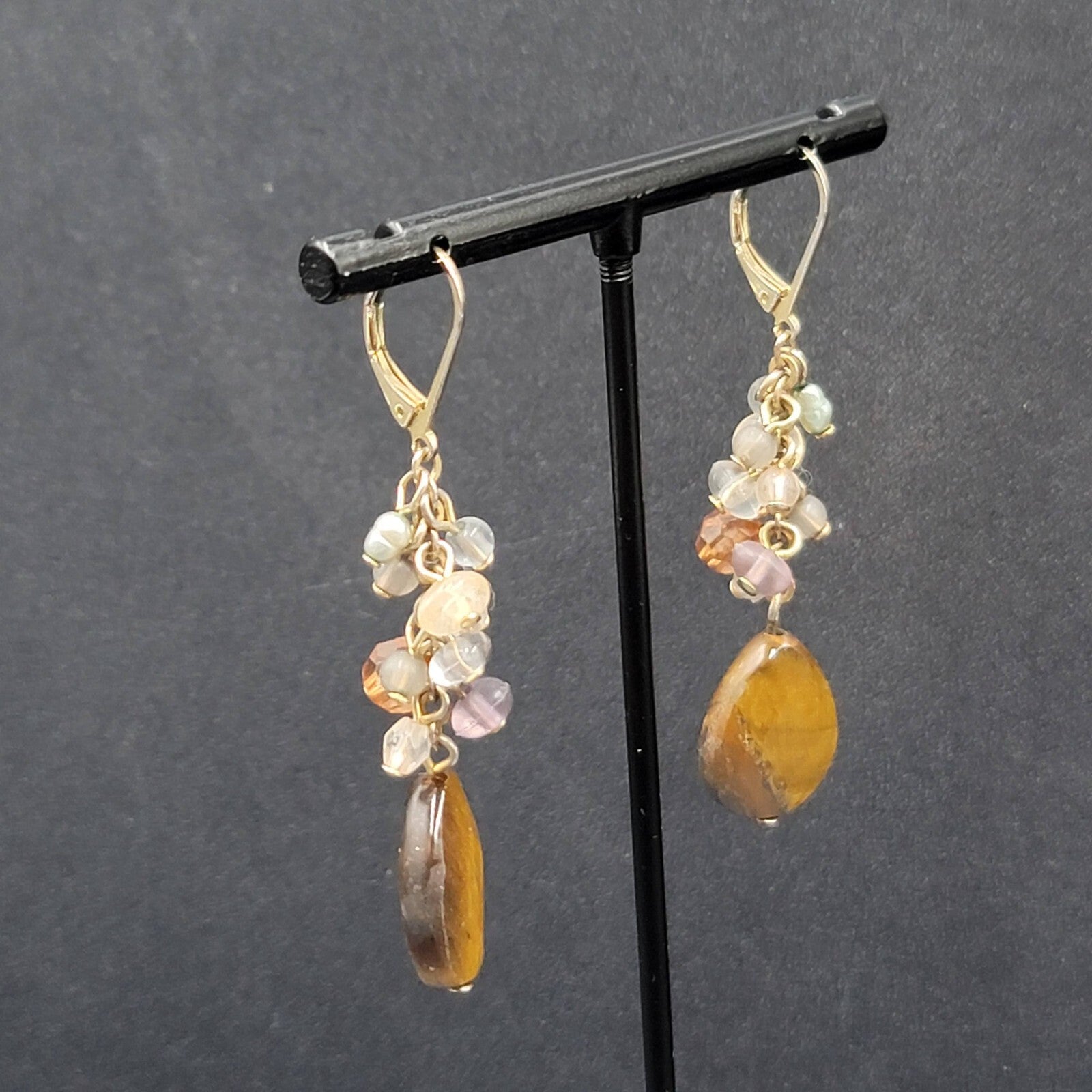 Pierced Earrings Silver tone Glass Bead Tigers Eye Teardrop 1.75"
