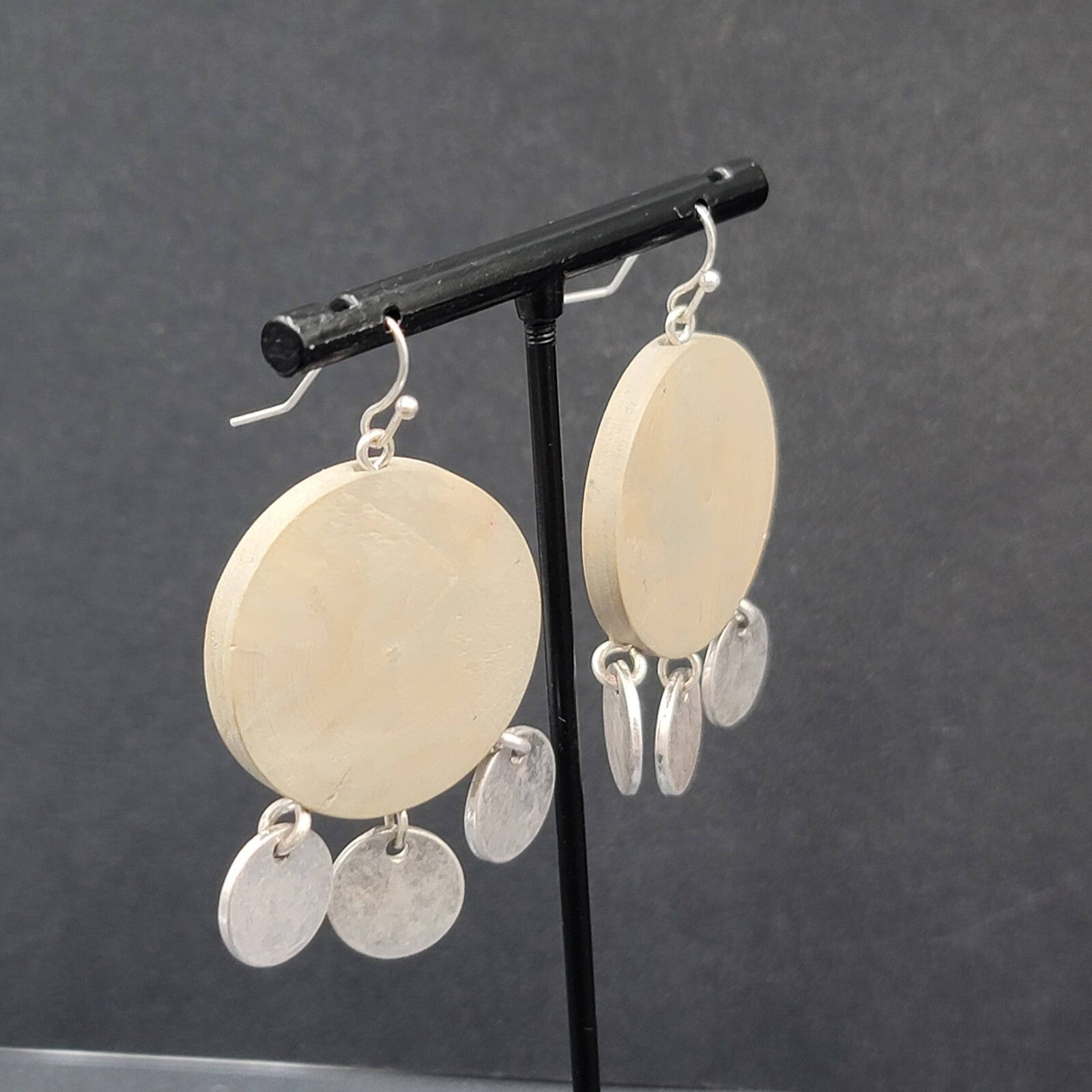 Pierced Earrings Round Wood Silver tone Discs 1.75"
