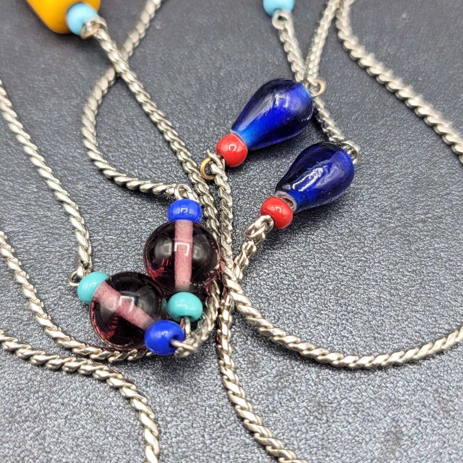 Art Glass Bead Necklace Silver tone Station Bead 44"