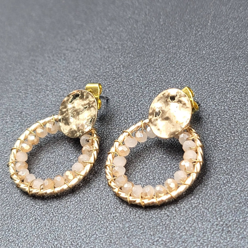 Pierced Earrings Gold tone Quartz Bead Hoops Drop 1"