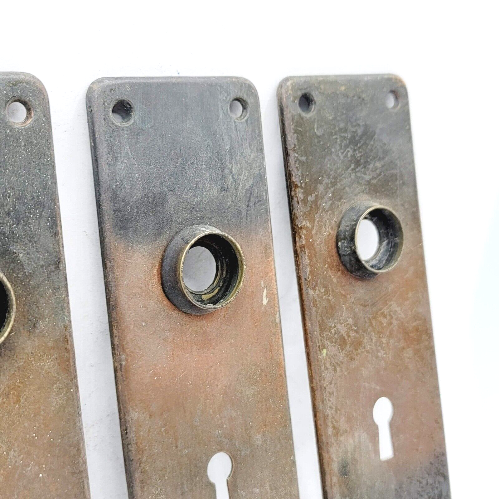 Lot of 3 Vintage Steel Doorknob Back Plate 6 1/2" x 2" holes 2 3/8"