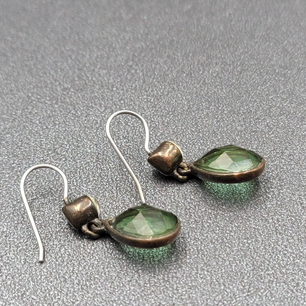Pierced Earrings Bronze tone Green Faceted Teardrop Stone 3/4"