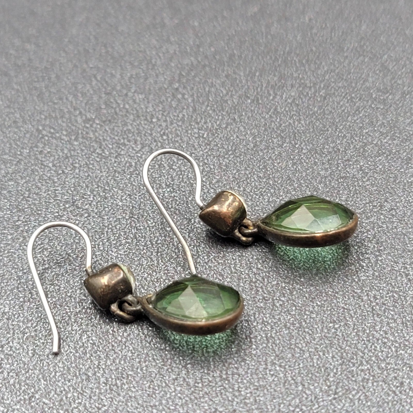 Pierced Earrings Bronze tone Green Faceted Teardrop Stone 3/4"