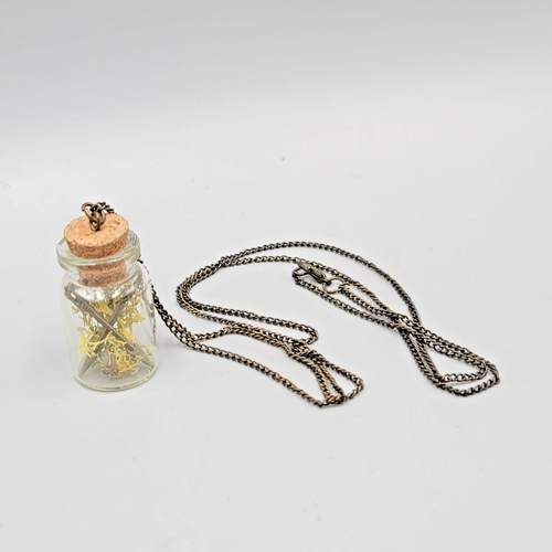 Artisan Glass Bottle Moss Arrows Pendant Necklace Long Bronze tone Chain 32 in