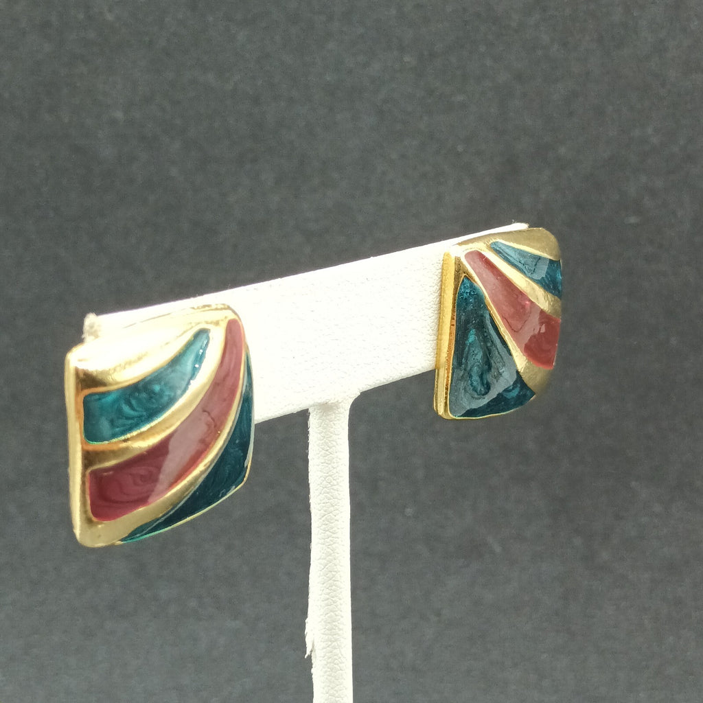 Vintage Pierced Earrings Gold plated Green Purple Enamel Geometric Drop 7/8"
