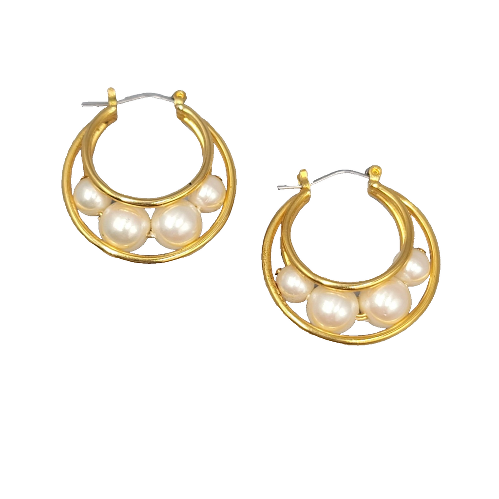 Vintage Hoop Pierced Earrings Caged White Beads Gold tone Dangle 1.25 in