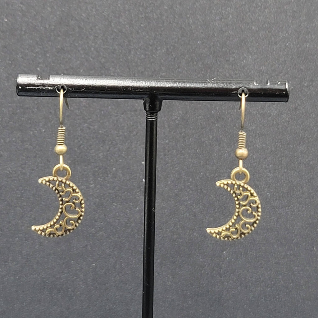 New MOON Pierced Earrings Bronze tone Open Work Metal Dangle 5/8"