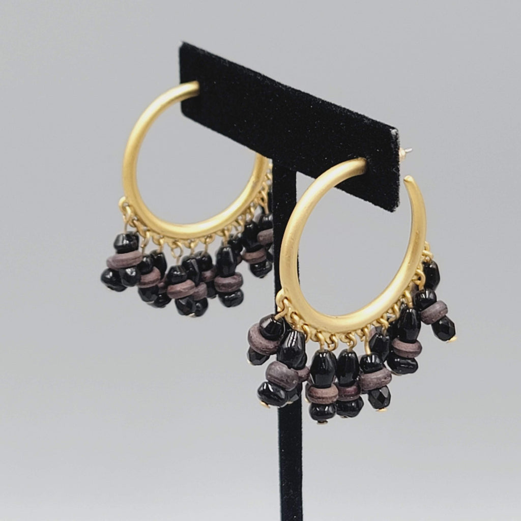 Beaded Hoop Pierced Earrings Hoops Gold tone Dangle 1.75"